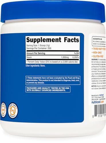 Nutricost Niacin Vitamin B3 Pulver 250 Gramm – 1 g pro Portion – Vitamin B3 (Niacin) Pulver – Kann Hitzewallungen verursachen