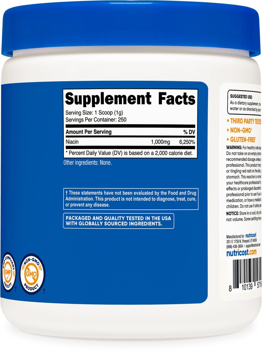 Nutricost Niacin Vitamin B3 Pulver 250 Gramm – 1 g pro Portion – Vitamin B3 (Niacin) Pulver – Kann Hitzewallungen verursachen