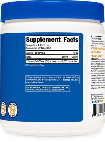 Nutricost Niacin Vitamin B3 Pulver 250 Gramm – 1 g pro Portion – Vitamin B3 (Niacin) Pulver – Kann Hitzewallungen verursachen