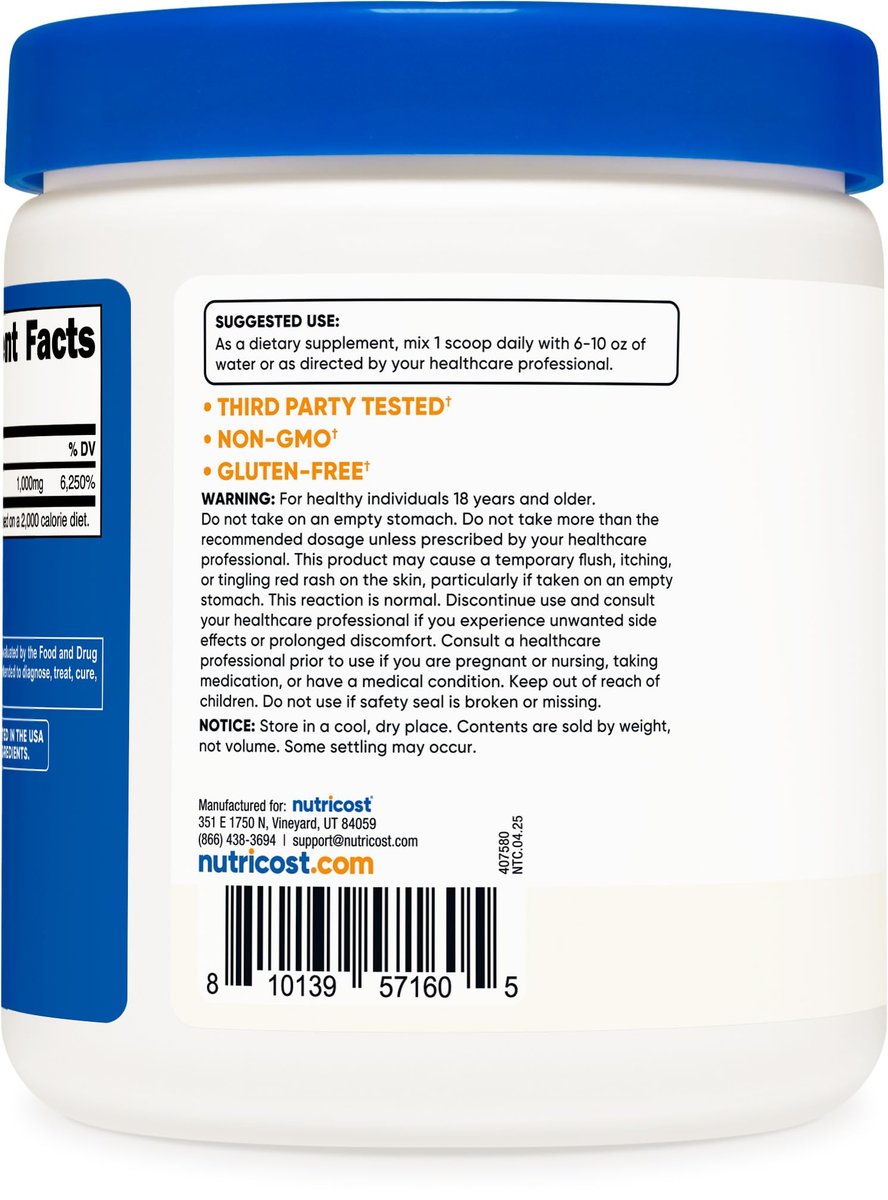 Nutricost Niacin Vitamin B3 Pulver 250 Gramm – 1 g pro Portion – Vitamin B3 (Niacin) Pulver – Kann Hitzewallungen verursachen