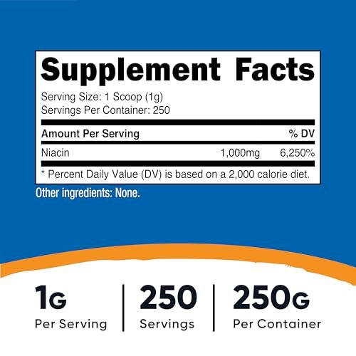 Nutricost Niacin Vitamin B3 Pulver 250 Gramm – 1 g pro Portion – Vitamin B3 (Niacin) Pulver – Kann Hitzewallungen verursachen
