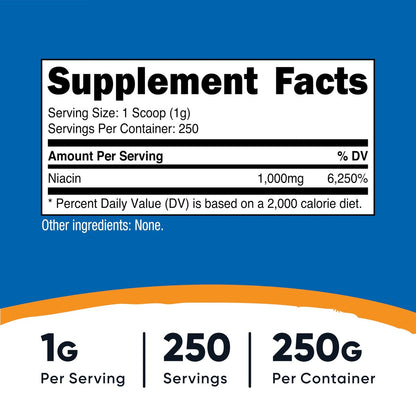 Nutricost Niacin Vitamin B3 Pulver 250 Gramm – 1 g pro Portion – Vitamin B3 (Niacin) Pulver – Kann Hitzewallungen verursachen