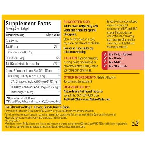 Nature Made Extra Strength Omega 3 Fischöl Kapseln 1400 mg, 45 Weichkapseln – Nahrungsergänzung für Herz, Gehirn, Augen und Stimmung