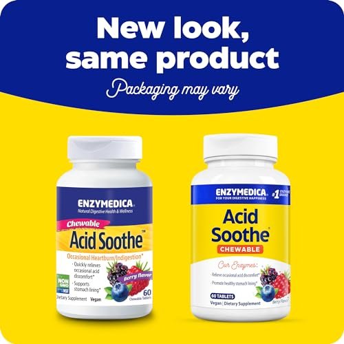 Enzymedica Acid Soothe Kautabletten – Linderung von Sodbrennen und Verdauungsstörungen, Stärkung der Magenschleimhaut, Vegan, Non-GMO, 60 Tabletten