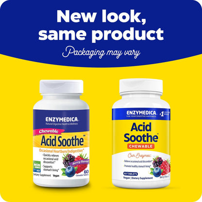 Enzymedica Acid Soothe Kautabletten – Linderung von Sodbrennen und Verdauungsstörungen, Stärkung der Magenschleimhaut, Vegan, Non-GMO, 60 Tabletten