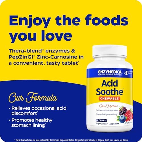 Enzymedica Acid Soothe Kautabletten – Linderung von Sodbrennen und Verdauungsstörungen, Stärkung der Magenschleimhaut, Vegan, Non-GMO, 60 Tabletten