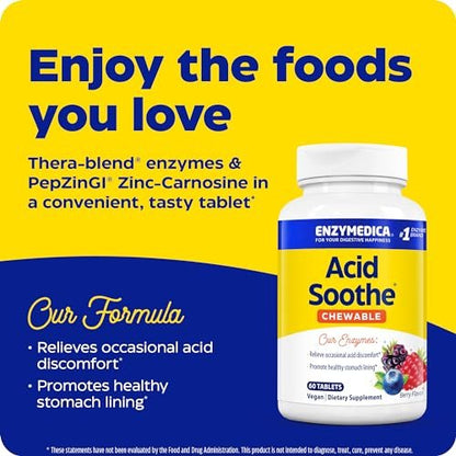 Enzymedica Acid Soothe Kautabletten – Linderung von Sodbrennen und Verdauungsstörungen, Stärkung der Magenschleimhaut, Vegan, Non-GMO, 60 Tabletten