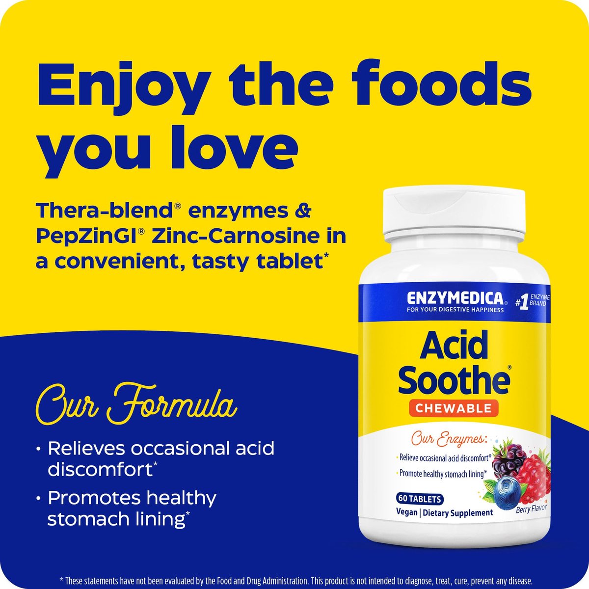 Enzymedica Acid Soothe Kautabletten – Linderung von Sodbrennen und Verdauungsstörungen, Stärkung der Magenschleimhaut, Vegan, Non-GMO, 60 Tabletten