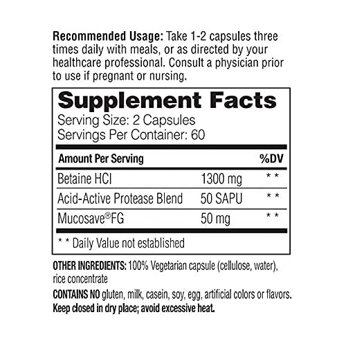 Enzymedica Betain HCl für Männer und Frauen - Betain-Hydrochlorid-Supplement mit Protease-Verdauungsenzymen, Verdauungsgesundheit, gelegentliches Sodbrennen & Verdauungsstörungen, vegan - 120 Kapseln