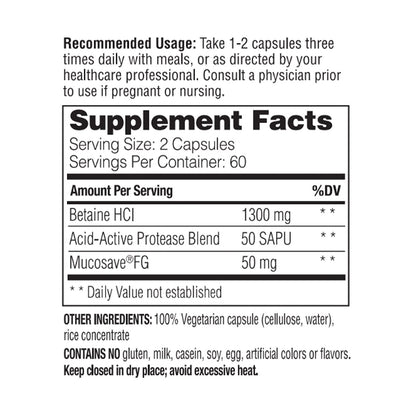 Enzymedica Betain HCl für Männer und Frauen - Betain-Hydrochlorid-Supplement mit Protease-Verdauungsenzymen, Verdauungsgesundheit, gelegentliches Sodbrennen & Verdauungsstörungen, vegan - 120 Kapseln