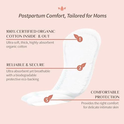 Organyc Wochenbett-Pads für die ersten Tage nach der Geburt, 100% zertifizierte Bio-Baumwolle innen und außen, 12 Stück, groß