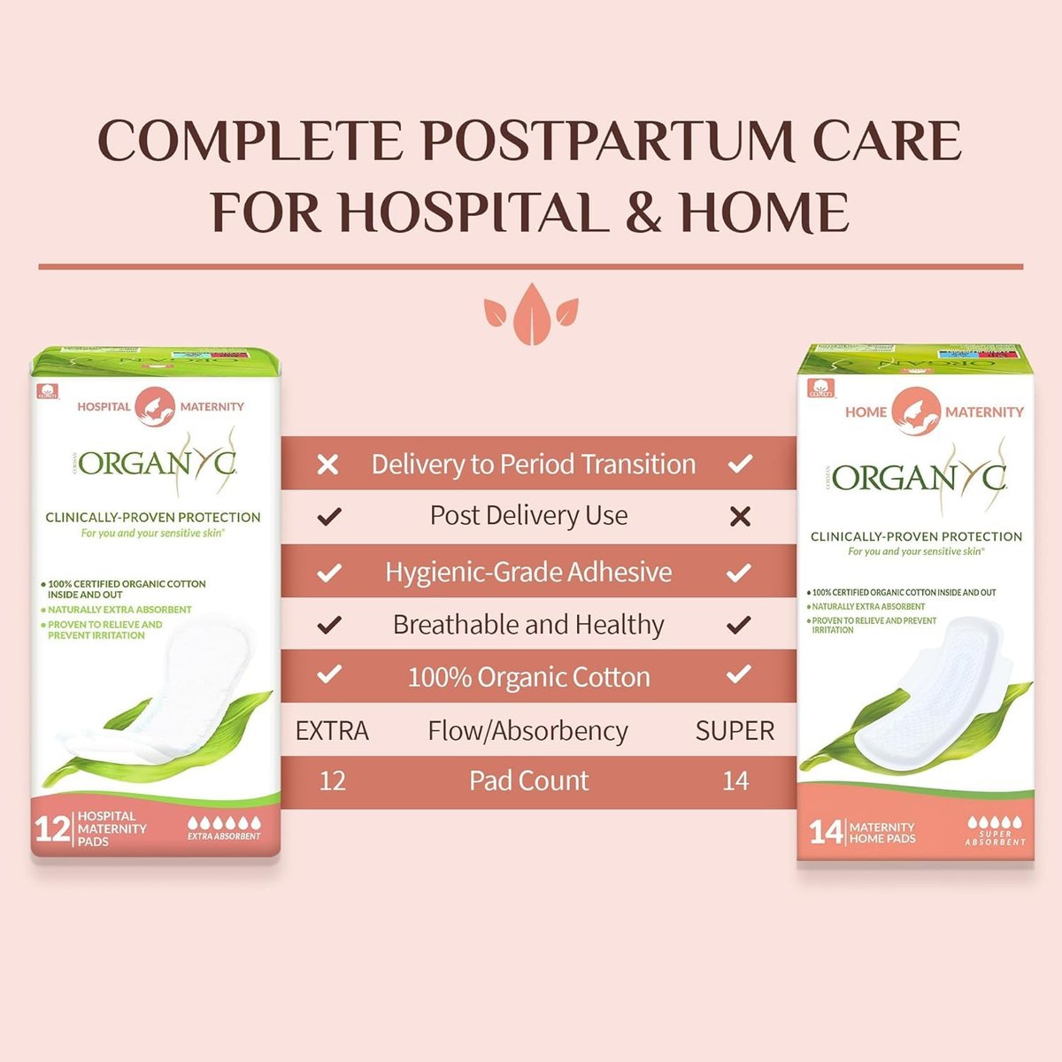 Organyc Wochenbett-Pads für die ersten Tage nach der Geburt, 100% zertifizierte Bio-Baumwolle innen und außen, 12 Stück, groß