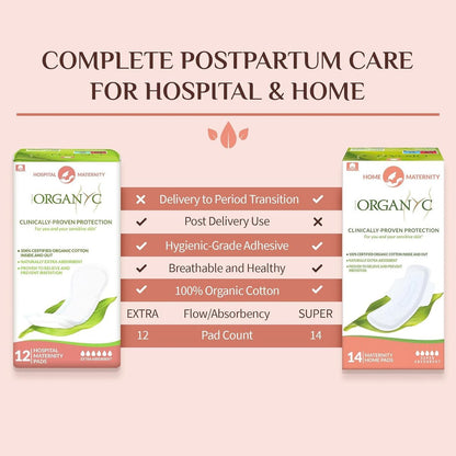 Organyc Wochenbett-Pads für die ersten Tage nach der Geburt, 100% zertifizierte Bio-Baumwolle innen und außen, 12 Stück, groß