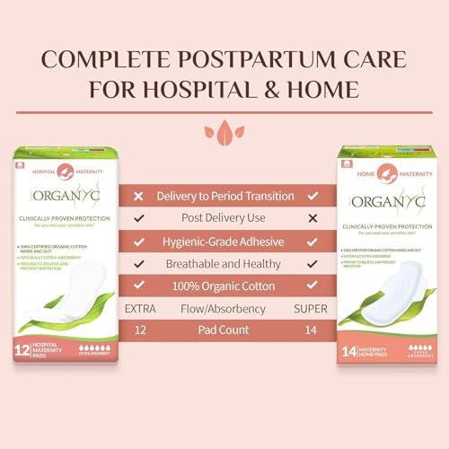 Organyc Wochenbett-Pads für die ersten Tage nach der Geburt, 100% zertifizierte Bio-Baumwolle innen und außen, 12 Stück, groß
