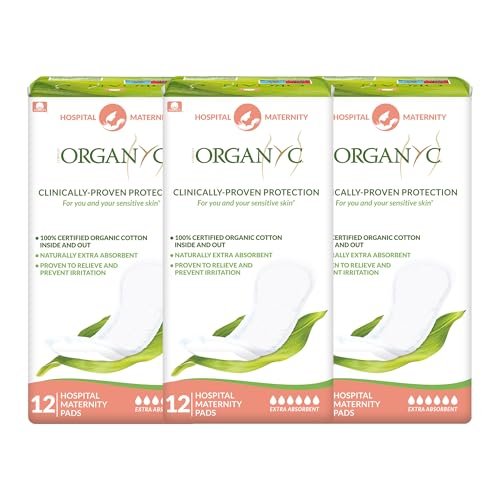 Organyc Wochenbett-Pads für die ersten Tage nach der Geburt, 100% zertifizierte Bio-Baumwolle innen und außen, 12 Stück, groß