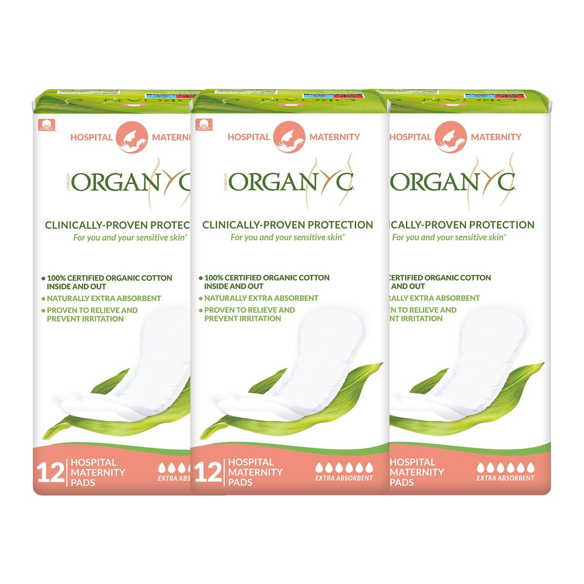 Organyc Wochenbett-Pads für die ersten Tage nach der Geburt, 100% zertifizierte Bio-Baumwolle innen und außen, 12 Stück, groß