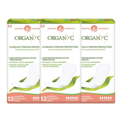 Organyc Wochenbett-Pads für die ersten Tage nach der Geburt, 100% zertifizierte Bio-Baumwolle innen und außen, 12 Stück, groß