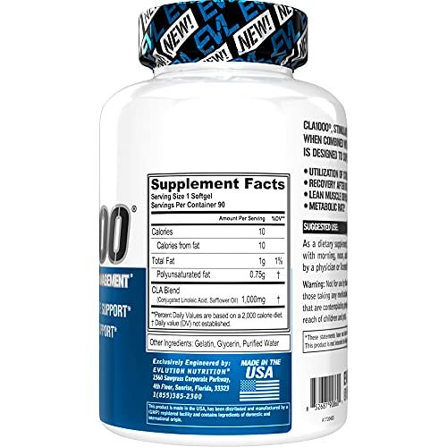 Evlution CLA 1000mg – 90 Kapseln – Stimulanzienfreier Safflower-basierter Fettverbrenner & Muskelaufbau für Männer und Frauen