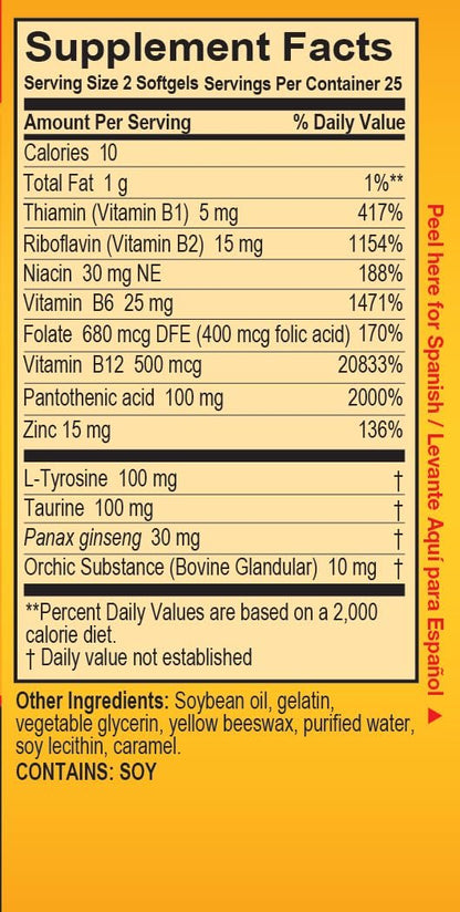 Super Macho Nahrungsergänzungsmittel mit hochpotentem Zink & 7 B-Vitaminen, ohne Konservierungsstoffe, Zucker oder Koffein, hergestellt in den USA, 50 Weichkapseln (1 Packung)