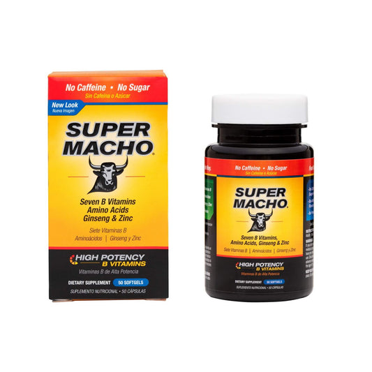 Super Macho Nahrungsergänzungsmittel mit hochpotentem Zink & 7 B-Vitaminen, ohne Konservierungsstoffe, Zucker oder Koffein, hergestellt in den USA, 50 Weichkapseln (1 Packung)