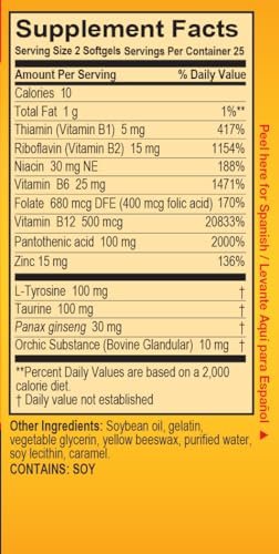 Super Macho Nahrungsergänzungsmittel mit hochpotentem Zink & 7 B-Vitaminen, ohne Konservierungsstoffe, Zucker oder Koffein, hergestellt in den USA, 50 Weichkapseln (1 Packung)