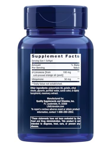 Life Extension Super-Absorbable CoQ10 (Ubichinon) mit d-Limonen – Herzgesundheit, Müdigkeit, oxidativer Stress – 50 mg, 60 Softgels