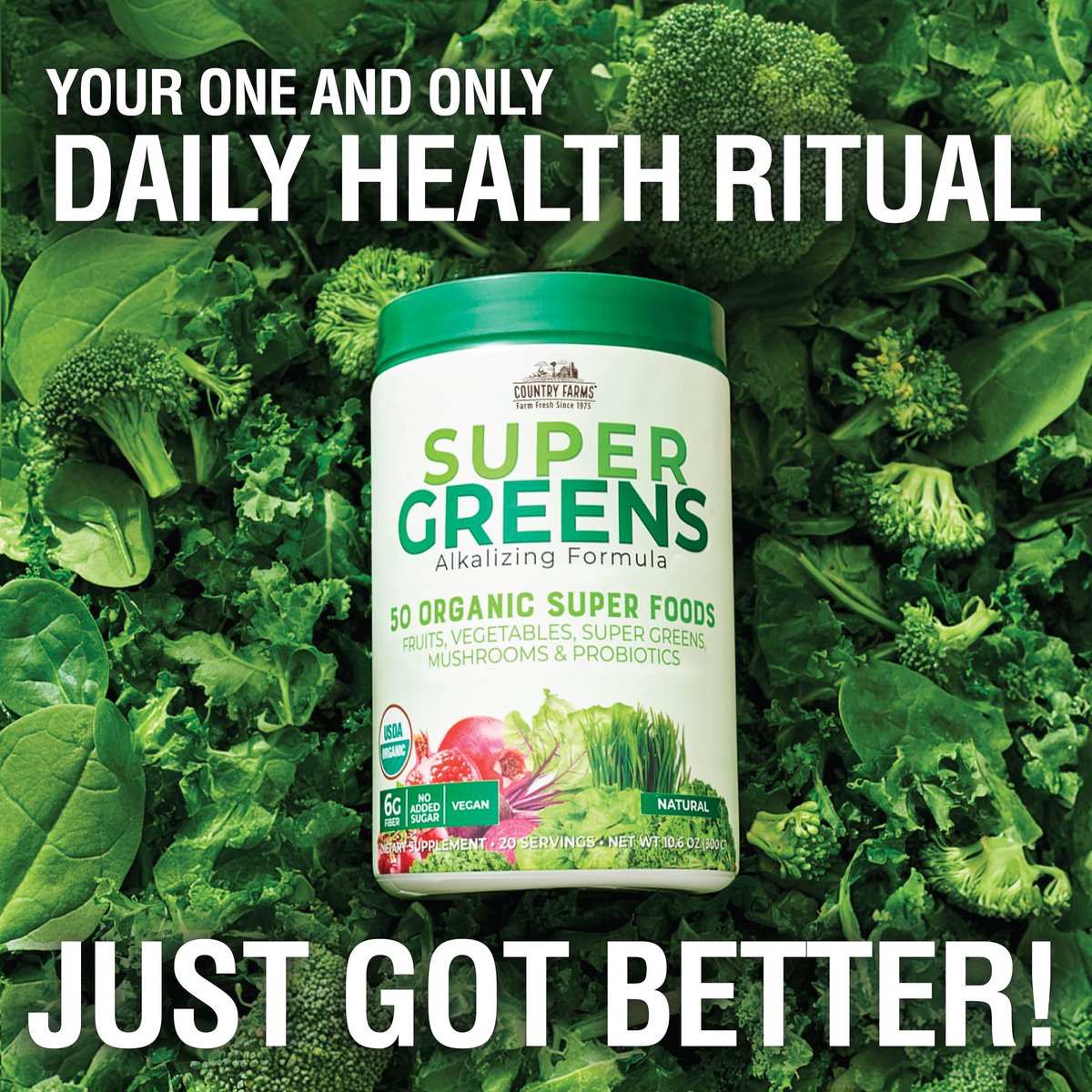 Country Farms Organic Super Greens Natural Flavor – 50 organische Superfoods, Ballaststoffe, USDA Bio-Getränkemischung, 6g Ballaststoffe