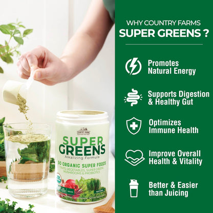 Country Farms Organic Super Greens Natural Flavor – 50 organische Superfoods, Ballaststoffe, USDA Bio-Getränkemischung, 6g Ballaststoffe