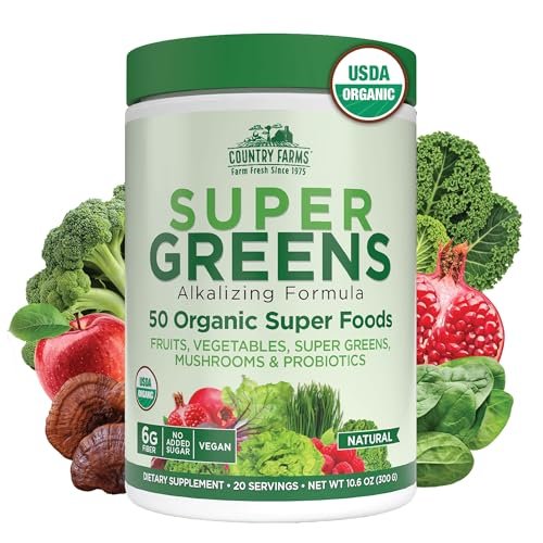 Country Farms Organic Super Greens Natural Flavor – 50 organische Superfoods, Ballaststoffe, USDA Bio-Getränkemischung, 6g Ballaststoffe