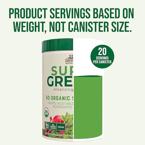 Country Farms Organic Super Greens Natural Flavor – 50 organische Superfoods, Ballaststoffe, USDA Bio-Getränkemischung, 6g Ballaststoffe
