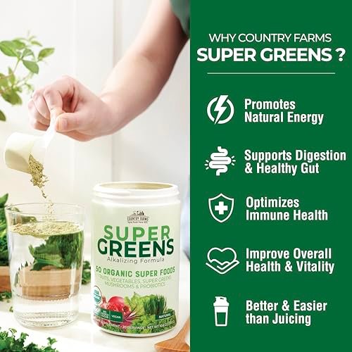 Country Farms Organic Super Greens Natural Flavor – 50 organische Superfoods, Ballaststoffe, USDA Bio-Getränkemischung, 6g Ballaststoffe