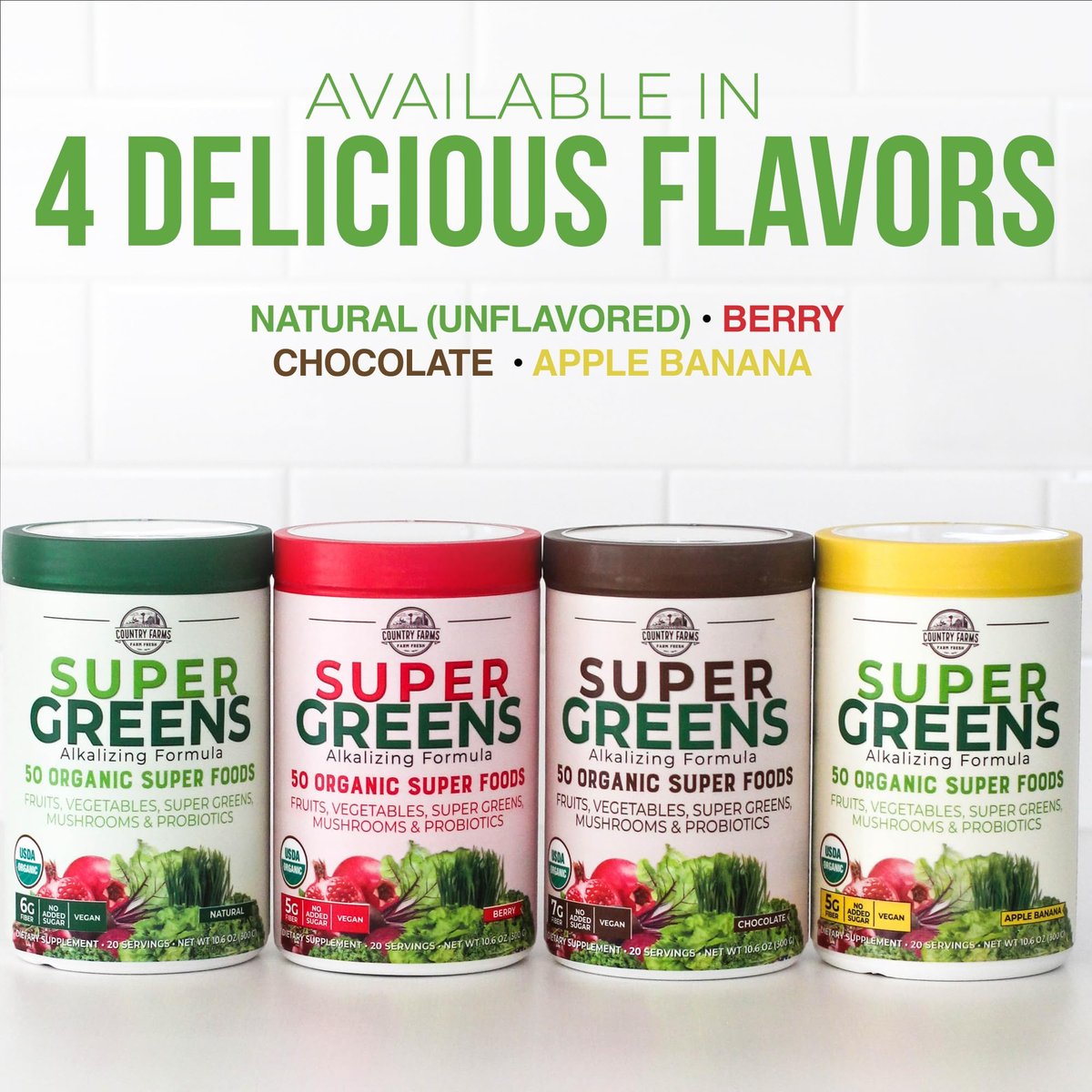 Country Farms Organic Super Greens Natural Flavor – 50 organische Superfoods, Ballaststoffe, USDA Bio-Getränkemischung, 6g Ballaststoffe