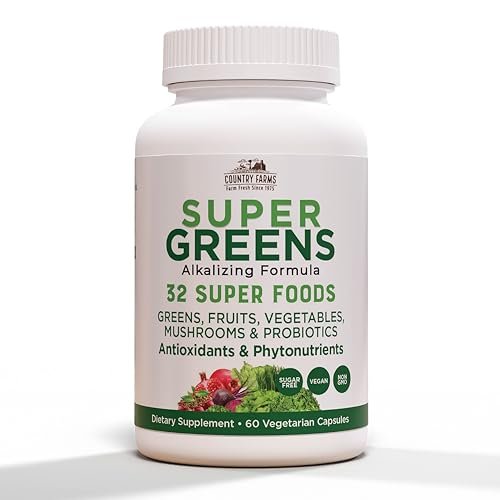 Country Farms Super Greens Vegicaps – 32 Superfoods, Ganzheitliches Nahrungsergänzungsmittel mit Grünzeug, Obst, Gemüse, Pilzen & Probiotika, Reich an Antioxidantien & Phytonährstoffen, 60 Kapseln, 30 Portionen
