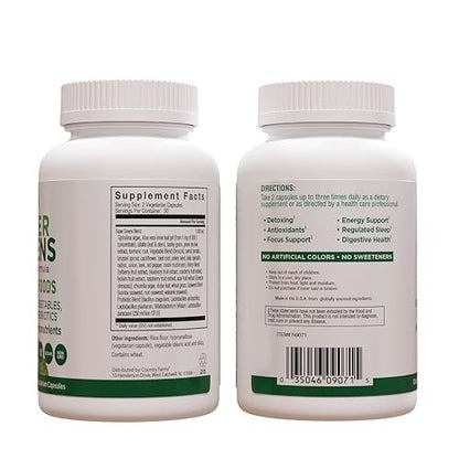 Country Farms Super Greens Vegicaps – 32 Superfoods, Ganzheitliches Nahrungsergänzungsmittel mit Grünzeug, Obst, Gemüse, Pilzen & Probiotika, Reich an Antioxidantien & Phytonährstoffen, 60 Kapseln, 30 Portionen