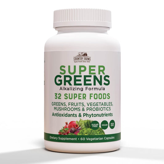 Country Farms Super Greens Vegicaps – 32 Superfoods, Ganzheitliches Nahrungsergänzungsmittel mit Grünzeug, Obst, Gemüse, Pilzen & Probiotika, Reich an Antioxidantien & Phytonährstoffen, 60 Kapseln, 30 Portionen