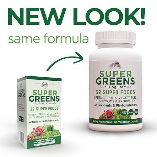 Country Farms Super Greens Vegicaps – 32 Superfoods, Ganzheitliches Nahrungsergänzungsmittel mit Grünzeug, Obst, Gemüse, Pilzen & Probiotika, Reich an Antioxidantien & Phytonährstoffen, 60 Kapseln, 30 Portionen