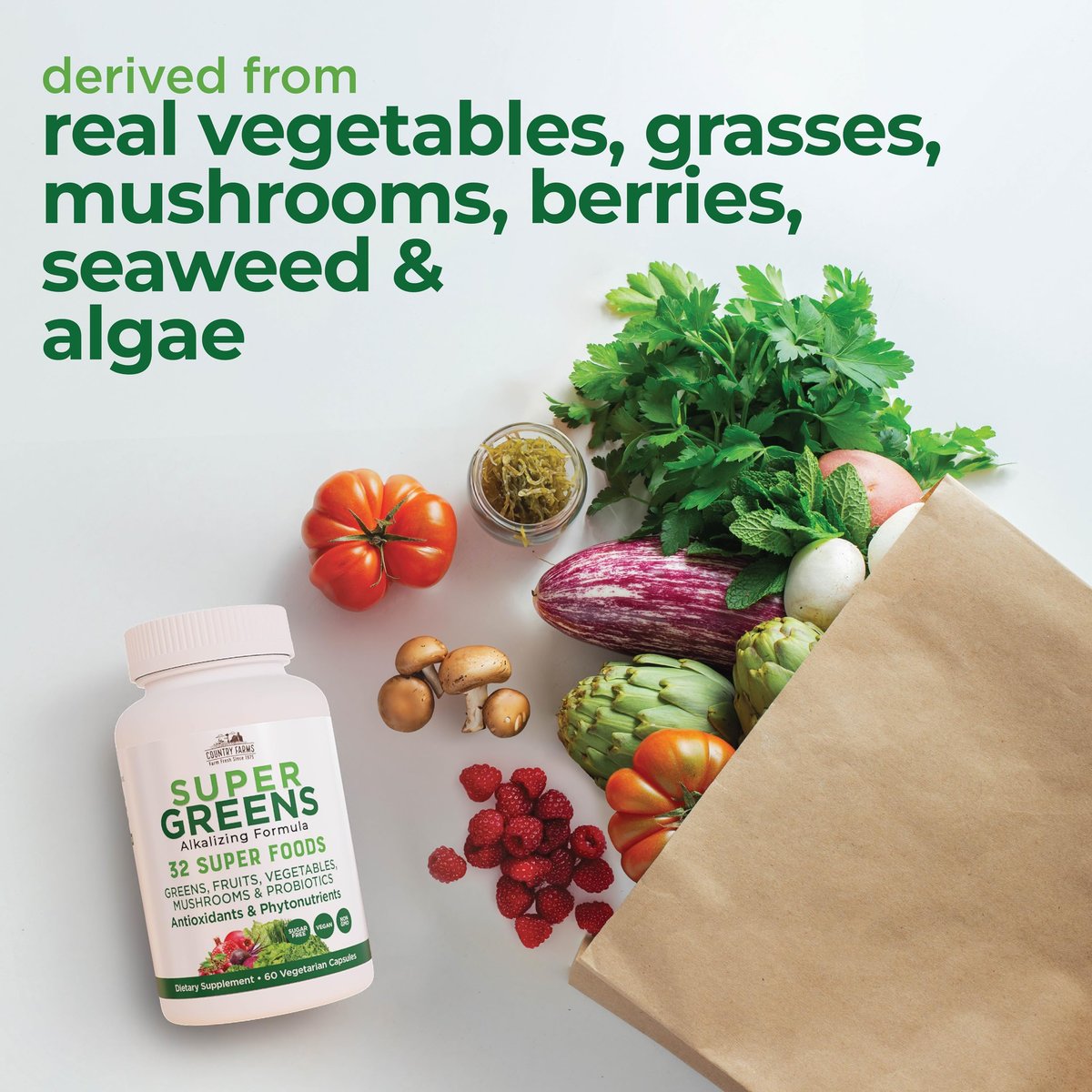 Country Farms Super Greens Vegicaps – 32 Superfoods, Ganzheitliches Nahrungsergänzungsmittel mit Grünzeug, Obst, Gemüse, Pilzen & Probiotika, Reich an Antioxidantien & Phytonährstoffen, 60 Kapseln, 30 Portionen