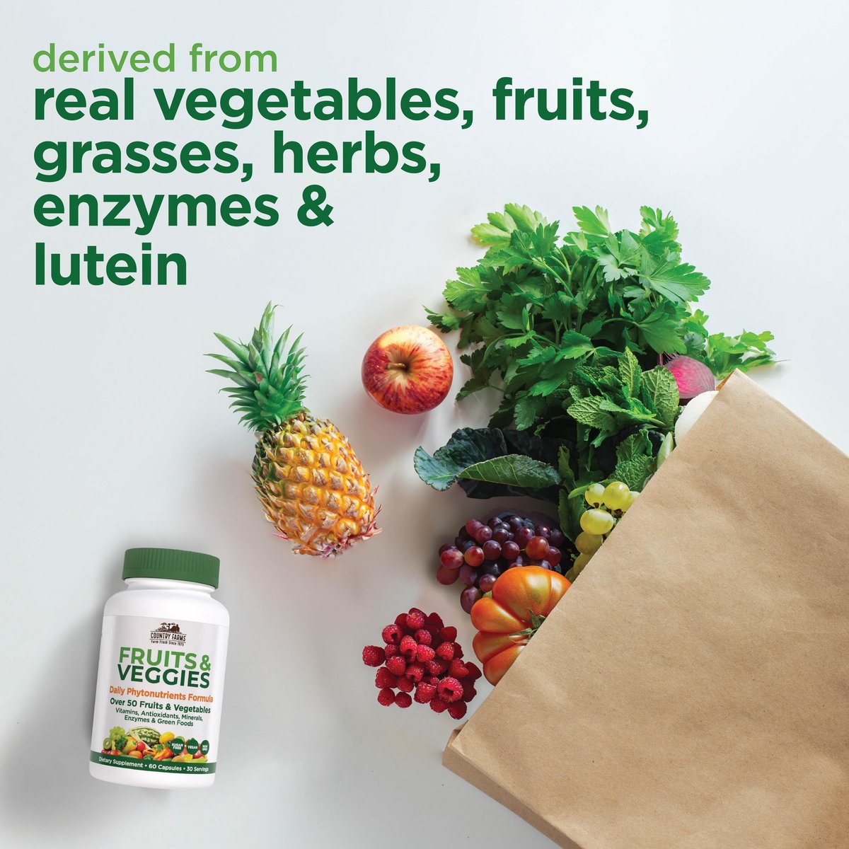 COUNTRY FARMS Super Fruits and Veggies Kapseln, Vollwertnahrungsergänzung, Starkes Antioxidans, Unterstützt Energie, Immunsystem, Fördert die Verdauungsgesundheit, 30 Superfoods, 30 Portionen