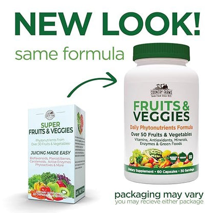 COUNTRY FARMS Super Fruits and Veggies Kapseln, Vollwertnahrungsergänzung, Starkes Antioxidans, Unterstützt Energie, Immunsystem, Fördert die Verdauungsgesundheit, 30 Superfoods, 30 Portionen