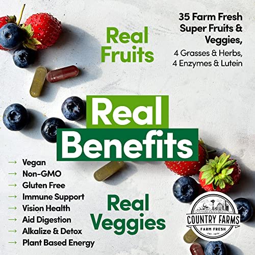 COUNTRY FARMS Super Fruits and Veggies Kapseln, Vollwertnahrungsergänzung, Starkes Antioxidans, Unterstützt Energie, Immunsystem, Fördert die Verdauungsgesundheit, 30 Superfoods, 30 Portionen