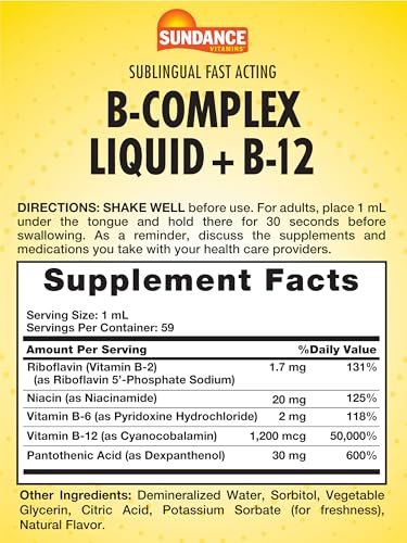 Sundance Sublingual Vitamin-B-Komplex mit B12, 2 Fl Oz - Beeren-Geschmack, Vegetarisch, Nicht-GVO, Glutenfrei
