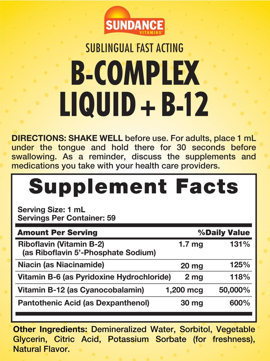 Sundance Sublingual Vitamin-B-Komplex mit B12, 2 Fl Oz - Beeren-Geschmack, Vegetarisch, Nicht-GVO, Glutenfrei
