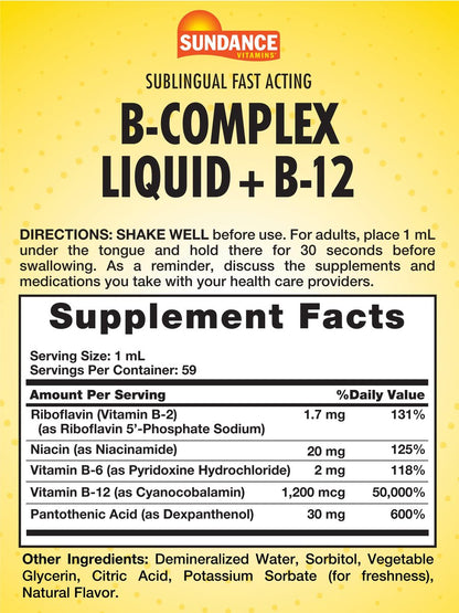 Sundance Sublingual Vitamin-B-Komplex mit B12, 2 Fl Oz - Beeren-Geschmack, Vegetarisch, Nicht-GVO, Glutenfrei