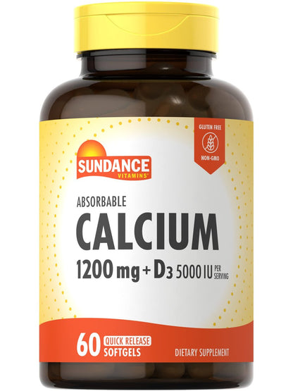Sundance Calcium 1200 mg mit Vitamin D3 5000 IE | 60 absorbierbare Softgels | Nahrungsergänzungsmittel, Non-GMO & Glutenfrei