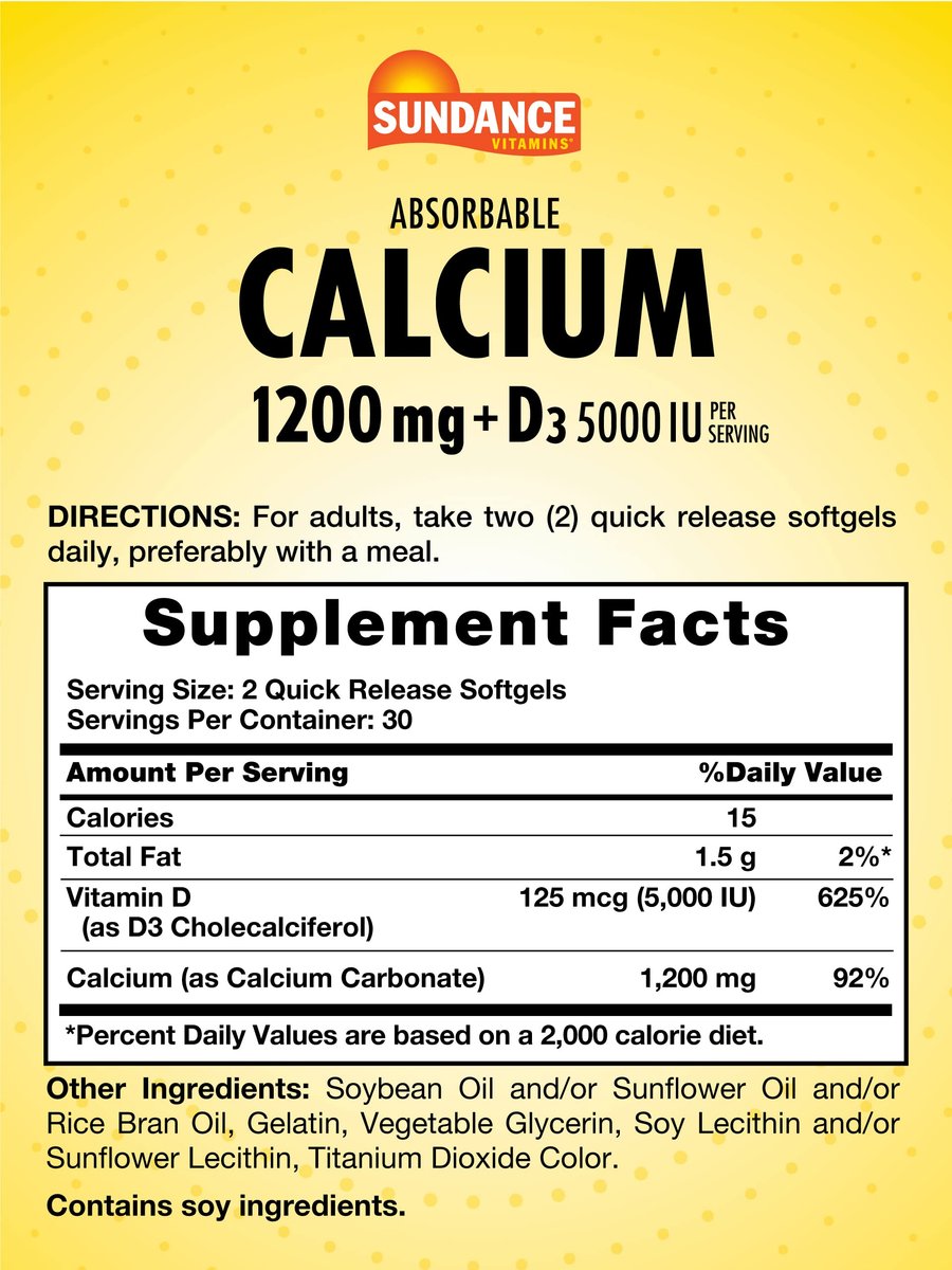 Sundance Calcium 1200 mg mit Vitamin D3 5000 IE | 60 absorbierbare Softgels | Nahrungsergänzungsmittel, Non-GMO & Glutenfrei