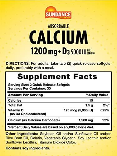 Sundance Calcium 1200 mg mit Vitamin D3 5000 IE | 60 absorbierbare Softgels | Nahrungsergänzungsmittel, Non-GMO & Glutenfrei