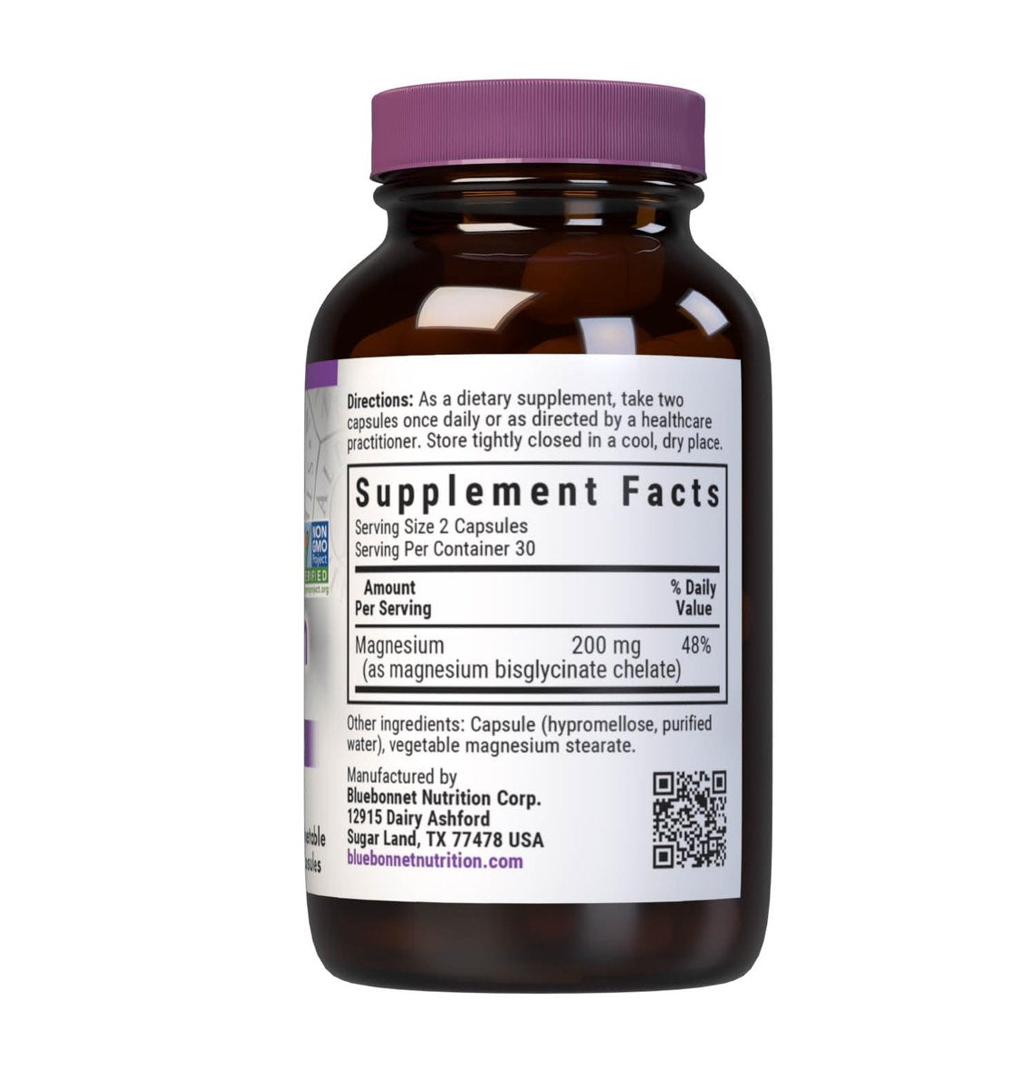 Bluebonnet Nutrition Albion Chelated Magnesium Kapseln, 200 mg, Stress Relief, Vegan, Non-GMO, Glutenfrei, Sojafrei, Milchfrei, Koscher, 60 Kapseln, 1 Monatsvorrat