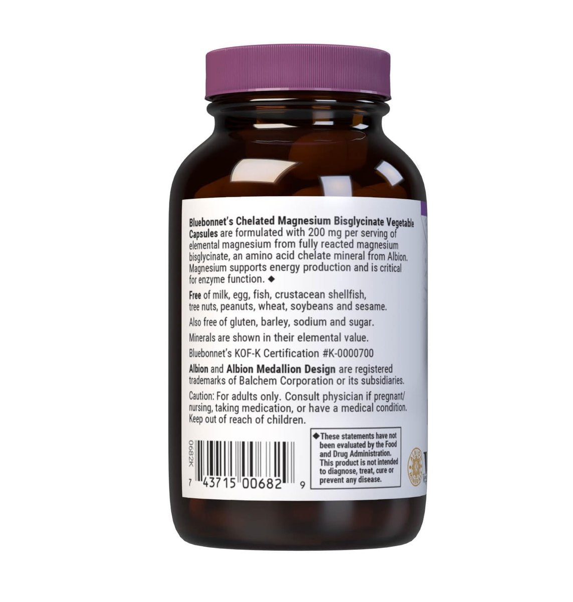 Bluebonnet Nutrition Albion Chelated Magnesium Kapseln, 200 mg, Stress Relief, Vegan, Non-GMO, Glutenfrei, Sojafrei, Milchfrei, Koscher, 60 Kapseln, 1 Monatsvorrat