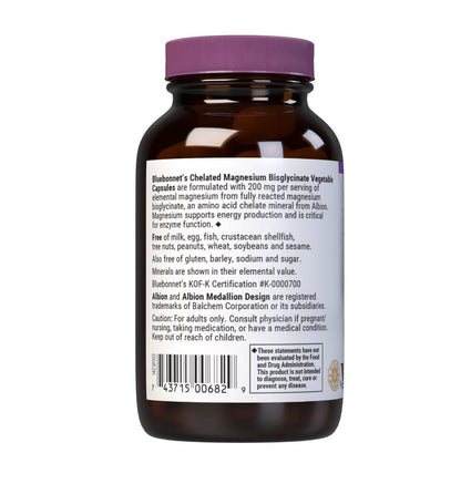 Bluebonnet Nutrition Albion Chelated Magnesium Kapseln, 200 mg, Stress Relief, Vegan, Non-GMO, Glutenfrei, Sojafrei, Milchfrei, Koscher, 60 Kapseln, 1 Monatsvorrat