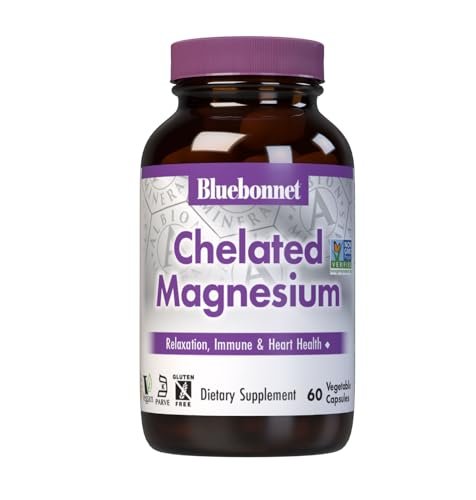 Bluebonnet Nutrition Albion Chelated Magnesium Kapseln, 200 mg, Stress Relief, Vegan, Non-GMO, Glutenfrei, Sojafrei, Milchfrei, Koscher, 60 Kapseln, 1 Monatsvorrat